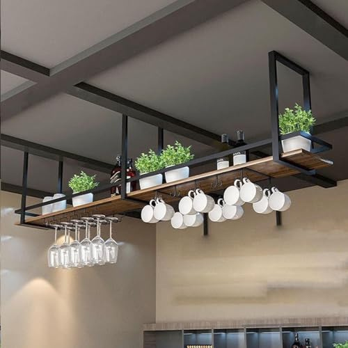 Portabottiglie da soffitto - Portabicchieri da vino sospeso, supporto in ferro in legno massello, portabicchieri da vino invertito a 1 strato, mensole galleggianti per cucina, sala da pranzo