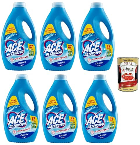 ACE Detersivo Lavatrice Classico Lessive liquide pour machine à laver Efficace sur tous les types de taches, 6 x 27 lavages 1350 ml + Italian Gourmet polpa 400 g