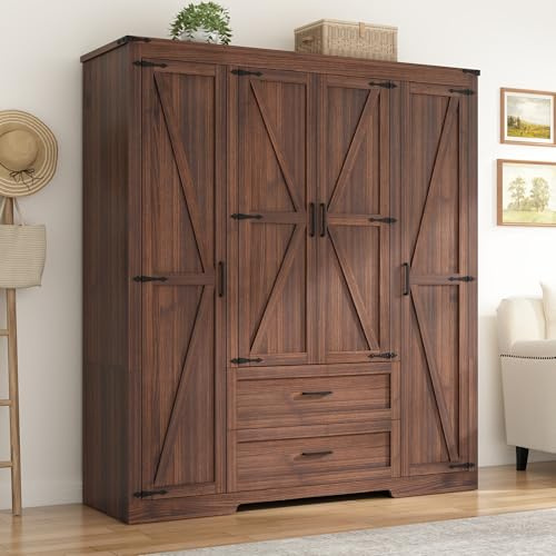 St.Mandyu Farmhouse Wardrobe Armoire Closet with 4 Doors and 2 Drawers, 70.1 Wooden Clothing Storage Cabinet, Freestanding Large Capacity Storage Wardrobe Armoire with Hanging Rod for Bedroom, Brown