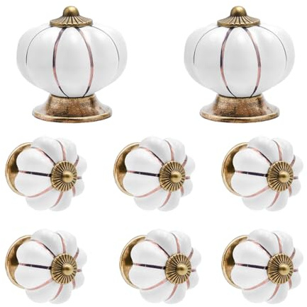 TNSLAND 8PCS Boutons Céramique Citrouille Blanc, Poignées de Meuble Vintage pour Tiroirs, Commodes, Armoires et Placards, Boutons de Porte en Céramique avec Vis Incluses, Boutons Décoratifs Maison DIY
