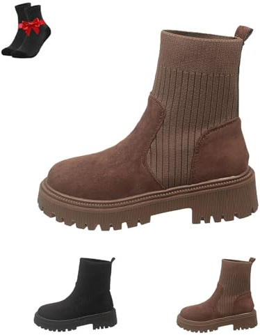 ZDOUXUAN Stivaletti alla caviglia da donna, alla moda, con tacco spesso, slip-on, elastici, in pelle scamosciata, con polsino in maglia, casual e comodi, stivaletti corti(Brown.,36 EU)
