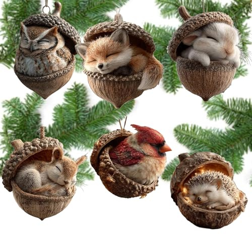 6 Stück Weihnachtsbaumschmuck Waldtiere, Eichel und Tannenzapfen Acryl-Ornamente, Niedliche 2D Tieranhänger für Weihnachtsbaum, Kaminsims, Wohnzimmer und Winterdeko