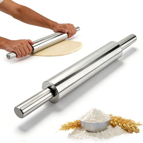 Nudelholz Edelstahl mit Griff, Antihaft Teigroller Edelstahl, 43cm Drehbare Teigrolle Rolling Pin, Backzubehör für Fondant, Pizza, Kuchen, Nudelteig, Mürbeteig, Knödel