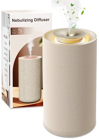 Aroma Diffuser Kabellos, Wasserloser Duftzerstäuber mit hochwertigem Stoffbezug für Ätherische Öle mit Akku & Warmlicht, Eleganter Raumduft Vernebler für Wohnzimmer & Auto (Smart Sensor)-Cremeweiß