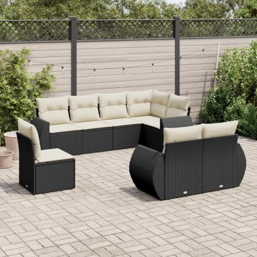 YUOTYRKTEJRSG 8 Piece Modular Garden Sofa Set Outdoor Patio Furniture with Adjustable Feet, Black PE Rattan Wicker Sectional Seating Group for Terrace, Balcony, Backyard, Includes Cream Cushions