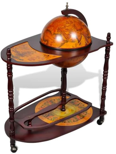 Globus-Bartisch aus Eukalyptusholz freistehend mit Rollen, verwandelt sich in eine große Bar für Wein, Spirituosen und Gläser, verziert mit nautischer Karte