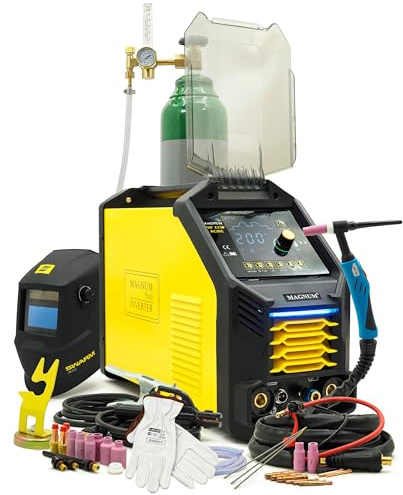 Magnum TIG - Soldadora de encendido HF, 200 A, equipo completo de soldadura de aluminio con pulso, juego XXL, soldadora combinada TIG, paquete grande para acero inoxidable y cobre THF 223P