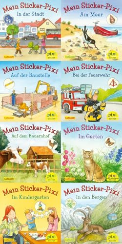 Pixi-8er-Set 199: Meine Sticker-Pixis (8x1 Exemplar) (199): In der Stadt; Am Meer; Auf der Baustelle; Bei der Feuerwehr; Auf dem Bauernhof; Im Garten; Im Kindergarten; In den Bergen