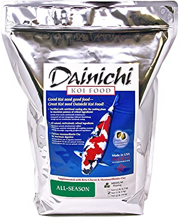 Dainichi Koi Fish Food, All-Season 11 lb Bag – Medium Floating Pellets (5.5 mm) for Koi, Goldfish and Pond Fish – Cold-Weather and Winter Formula – Easily Digestible Wheat Germ Formula