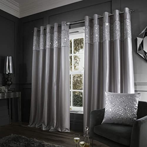 Catherine Lansfield Glitzy Sequin 66x90 Inch Lined Eyelet Curtains Two Panels Grey