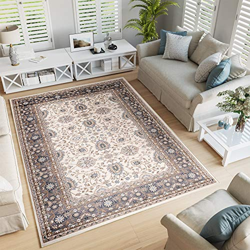 TAPISO Colorado Teppich Wohnzimmer Klassisch Kurzflor Orientalisch Creme Beige Grau Floral Ziegler Ornament Muster Orientteppich ÖKOTEX 60 x 100 cm