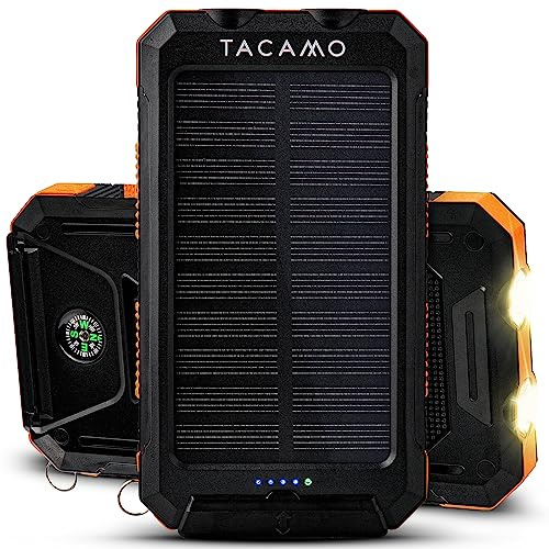 TACAMO® Solar Power Bank Portable Charger - IP67 Waterproof and Dustproof - TSA Compliant - for Backpacking and Camping - Dual USB Port, Fast Charging Battery Pack with 3-Mode Emergency Flashlight