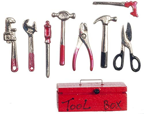 Melody Jane Dolls House Red Tool Box & Metal Tools Miniature Garden 1:12 Shed Work Accessory