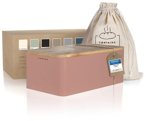 LARS NYSØM Boîte à Pain I Boite a Pain avec Sac en Lin pour Une fraîcheur Durable I Couvercle en Bambou de Haute qualité pouvant être utilisée comme Planche à découper | 34x18.5x13.5cm (Blush Rose)