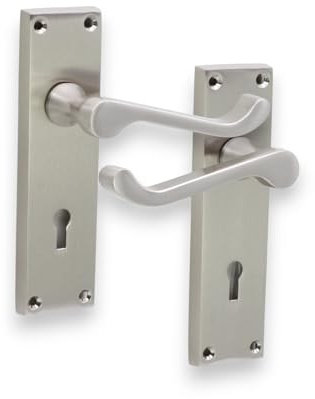 Infinity Decor Set of Satin Nickel Victorian Scroll Lever Lock Door Handle on Rectangular Backplate – Key Lock Lever for Interior and Exterior Use