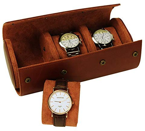VALINK Caja de reloj de 3 ranuras portátil, multifuncional para almacenamiento de relojes, caja de viaje portátil de cuero, organizador de rollo de reloj, soporte de reloj para regalo