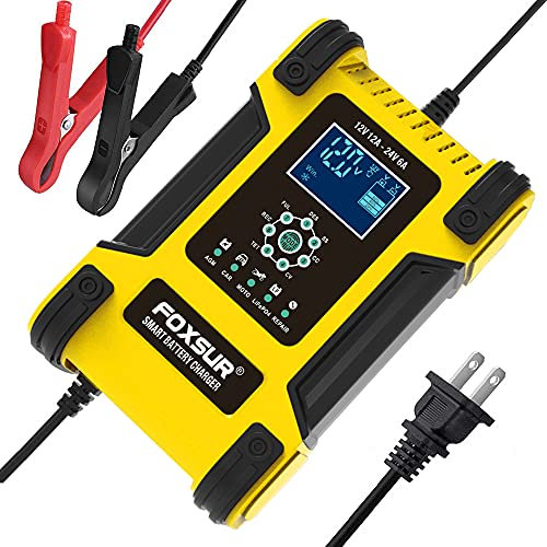 Foxsur Caricabatteria da auto a 7 stadi da 12 Amp per batterie Wet/GEL/SLA/LiFePO4/piombo-acido/AGM, caricabatterie intelligente da 12 V/24 V, per ATV/golf car/moto/automobile/marina, ecc.