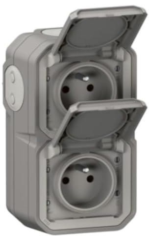 LEGRAND - Prise Etanche Double IP55 avec Terre Plexo - Prise 2P+T 16A Complète avec Volet - Pour Pose en Apparent - Montage Vertical - Fabriqué En France - Gris