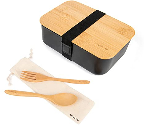 Naturoom Bento Lunch Box For Adults/Kids, including 1 Food Container with 1 Divider, 1 Wooden Cutlery Set (1 Fork&1 Spoon) with 1 Cotton Pouch and 1 bamboo Chopping Board Lid, BPA Free.