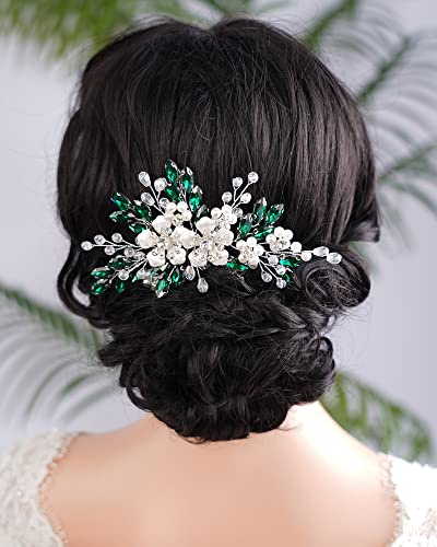 Kercisbeauty Smaragd-Kristall-Haarkamm für Damen, Vintage, Hochzeit, Braut, Haarschmuck, Silberblumen-Haarschmuck (grün)