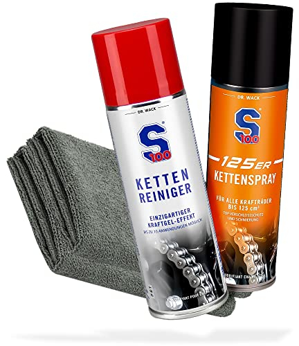 Motorrad Kette Reinigung & Pflege Bundle - Dr. Wack - S100 Kettenreiniger 300 ml I Motorrad Kettenreiniger für O/X/Z-Ring + S100 125er Kettenspray 300 ml Kettenspray + 2x detailmate Mikrofasertuch