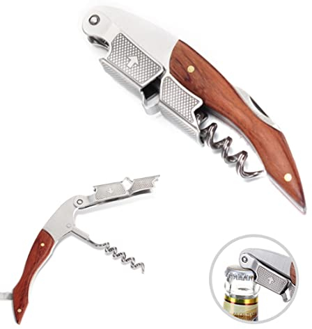 Cavatappi da Sommelier Vino Professionali Apribottiglie Acciaio inossidabile con Manico di Legno Doppia Cerniera Cavatappi Tagliacapsule per Camerieri e Bartenders Utensili da Bar Cucina Birra e Vino