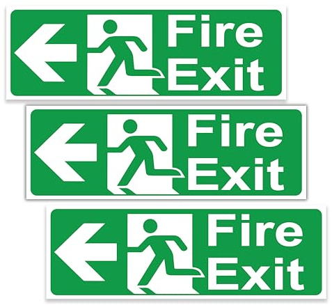 stcky Fire Exit Sign - 30cm x 10cm Ideal Sized Fire Exit Left Arrow Self Adhesive Vinyl Signs [Pack of 3]