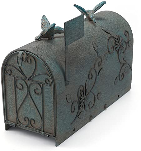 MEIYIHUI Heavy Duty Galvanized Steel Mailbox Post, Rural Mail Box Postal Storage Box with Bird Decoration (Vintage Green)