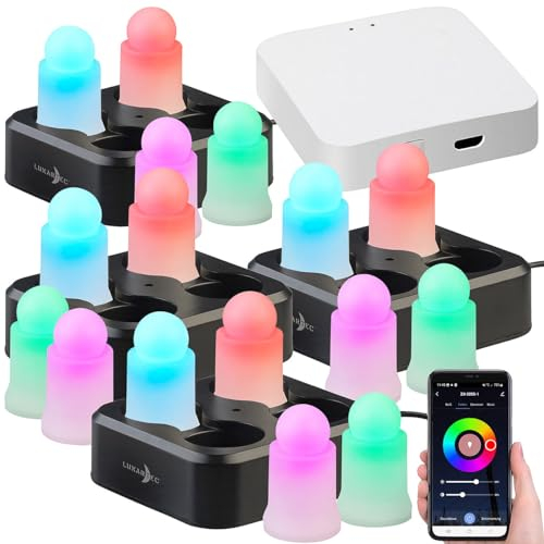 Lunartec LED-Kerzenlampen: 16er-Set wetterfeste LED-RGBWW-Kerzen mit Akku, Ladeschale, Gateway (Farbwechselkerzen, WLAN-Kerzen, Tablet Halter)