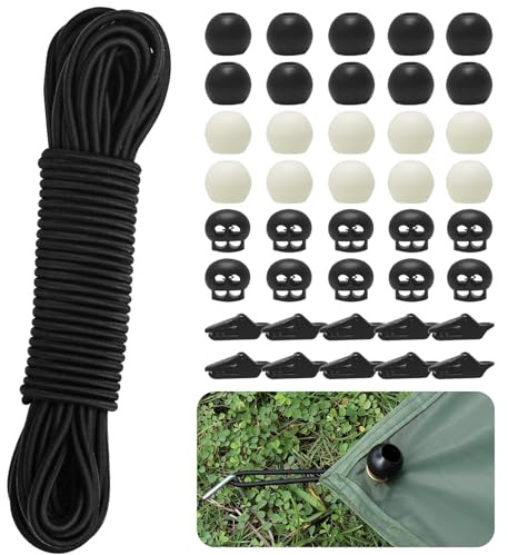 Bungee-Gurte mit Kugel, schwarze Gummikordel, 15 m x 4 mm, elastische Schnur für Armbänder mit Ball, Bungee-Seile, Gummiseil, Planenspanner, Seil mit 40 Zubehörteilen