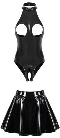 Yihuimin Women Pu Leather Lingerie Outfits Chest Hollow Out Bodysuit with Miniskirt for Clubwear Black 4X-Large