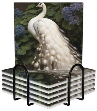 Getränkeuntersetzer mit Halter, weißer Pfau, bedruckt, saugfähig, hitzebeständig, Keramik-Stein-Untersetzer mit Korkboden, Tischschutzmatte für Tassen, Tassen, Büro, Küche