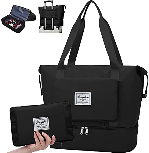 Groß Sporttasche für Herren und Damen Faltbare Reisetasche Woukksy Weekender Carry On Workout Wasserdicht Sport Bags mit Nassfach und Schuhfach Leicht für Fitnessstudio Reise (Schwarz 2)