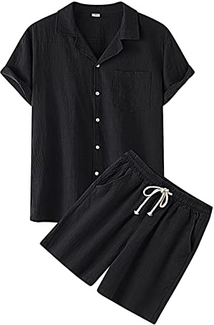 Zweiteiler Herren Leinenanzug Sommer Freizeitanzug Einfarbig 2-teilig Kurzarm Button Up Hemd und Shorts Beach Shirt Kurze Hose Set 2026 Manner Leinen Anzug