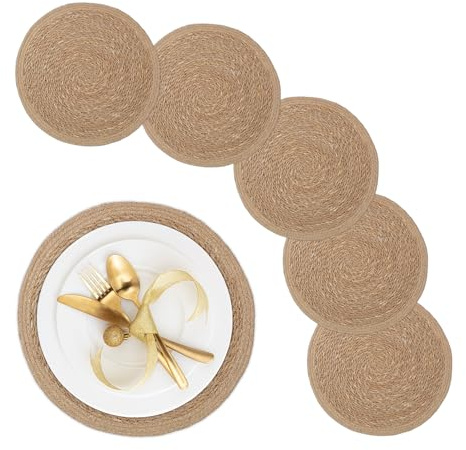 Relaxdays 6 Salvamanteles, para Mesa de Comedor, Jacinto de Agua, Manteles Individuales, Redondos, 37 cm Ø, Natural