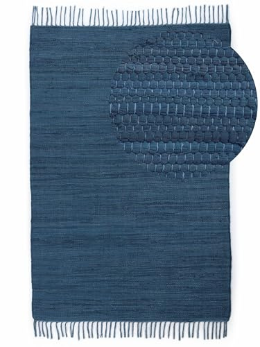 carpetfine Flickenteppich Kelim Chindi Uni Blau 190x290 cm, handgewebt | Fleckerlteppich aus Baumwolle für Wohnzimmermit Fransen