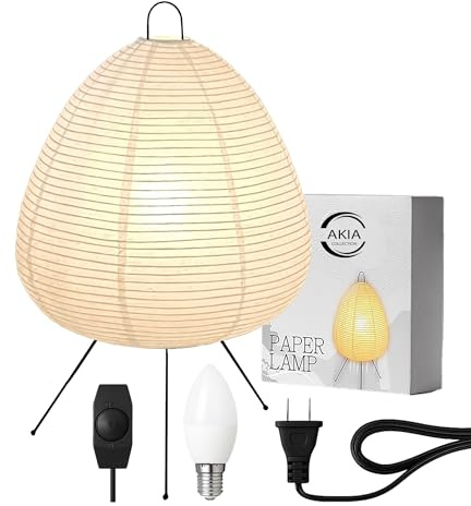 Akia Collection Japanese Paper Lantern Lamp – Rice Paper Noguchi Style Table Lamp with Dimmable Light & Washi Paper Shade (Akari Style) for Bedroom Desk Decor