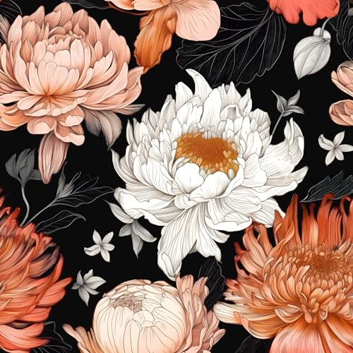 Fvlow Schwarze Blumen-Tapete zum Abziehen und Aufkleben, Vintage-Tapete, Vinylfolie, Küche, Arbeitsplatte, selbstklebend, dicke orange-weiße Blumen, Kontaktpapier für Schränke, Schubladen, Aufkleber,
