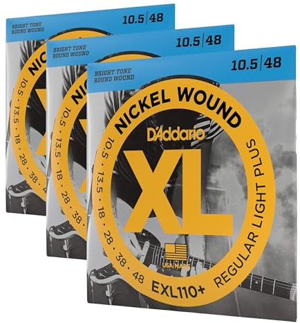 D'Addario E Gitarren Saiten | Gitarrensaiten E Gitarre | Saiten E-Gitarre | DER BELIEBTESTEN SAITENMARKE WELTWEIT | EXL110+ | vernickelter Stahl | Regular Light Plus (10.5-48) (Packung mit 3)