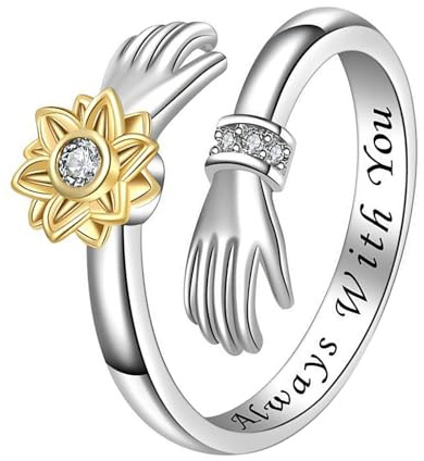 JewelryWe Anxiety Ring Damen Umarmungsring Gold Sonnenblume Edelstahl Umarmung Hände Fidget Angst Ring Anti Stress Spinner Offener Ring Silber mit Gravur