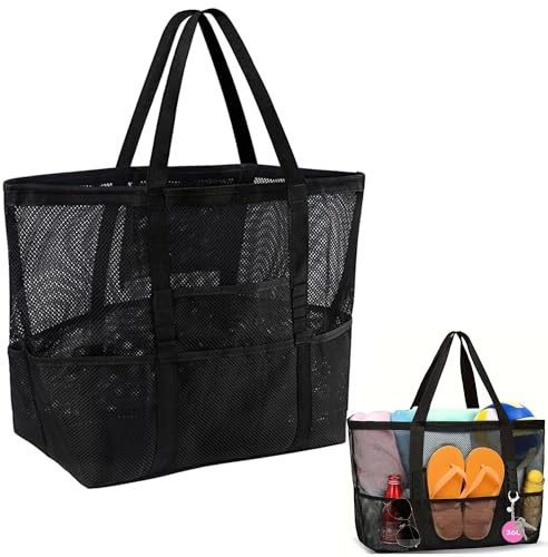 trabag Große Netz Strandtasche, Mesh Strandtasche Netztasche für Sandspielzeug Faltbare Handtaschen, mit Taschen und Reißverschluss,für Strand, Urlaub, Reise,Fitnessstudio (Schwarz)