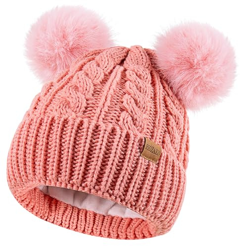 PIOZAED Women's Winter Hat Soft Knit Beanie with Faux Fur Pom Hat with Warm Fleece Lining Skull Cap for Women Pink
