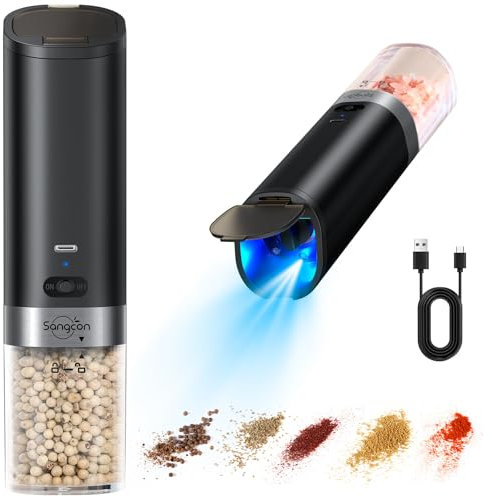 Sangcon Recargable USB Juego de Molinillo de Sal y Pimienta eléctrico, con cubierta antipolvo, Gran capacidad con luz LED azul, Operación automática con una sola mano, Fácil de llenar (2 Paquetes)