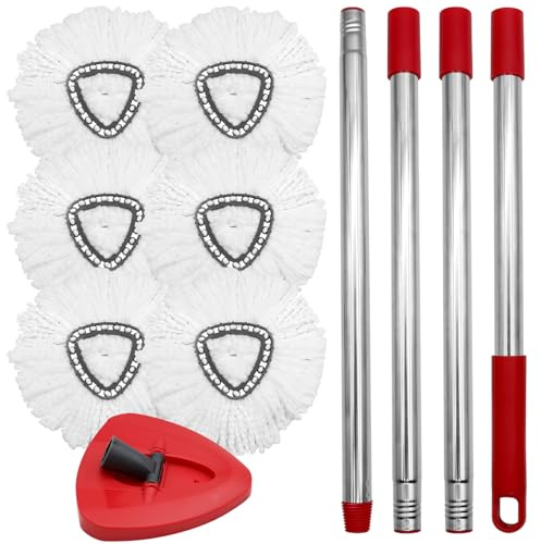 VEGCOO Mop Replacement Set Compatible With Vileda Turbo Microfibre - 6 Heads, 1 Base, 1 Adjustable Handle for Spin Mop