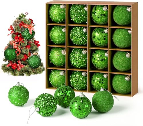 Weihnachtskugeln, ilauke 16 Stück Christbaumkugeln Grün - 6cm Weihnachtsbaumkugeln Glitzer und Ultraleichter Luxus Tannenbaum Kugeln, Einzigartig für Weihnachtsbaum Deko Christbaumschmuck
