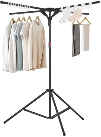 Sinbide Tendedero de Ropa, Secador de Paraguas, Plegable Perchero Extensible con Barra para Colgar, Ajustar Altura Diferente, Ropa Portátil para Interior y Exterior (Negro/Gris) (Negro)