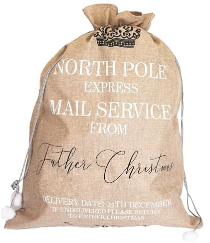 WedDecor Große Sackleinen-Weihnachtsmann-Säcke mit Nordpol-Express-Design (60 cm x 50 cm), Kordelzug-Verschluss, Weihnachtsstrumpf-Sack für Geschenke, Urlaubs-Leckereien und Dekorationen,