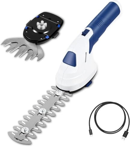 Akku Strauchschere Klein, 7,4V Elektrische Heckenschere, Mini Gartenschere mit Akku 2000 mAh(Integrierter 7,4 V/2,0 Ah) und Sicherheitsschalter, Beigefügt 17,5 cm Strauchschere, 6 cm Grasschere