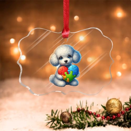 Tasse à thé chien avec autisme - Puzzle en forme de cœur - Décoration de Noël en acrylique à suspendre pour sapin de Noël - Boules à suspendre - Souvenir de Noël ou du Nouvel An