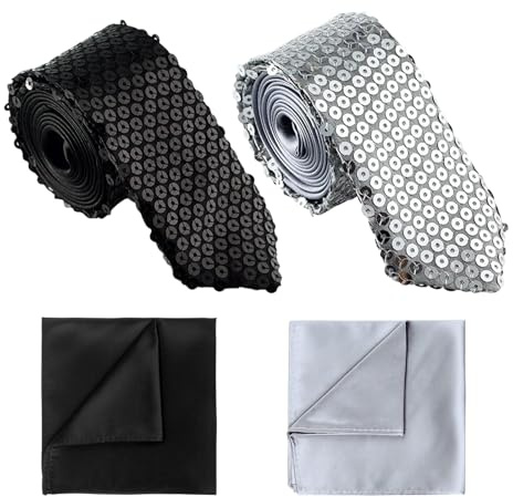 TUONYIS 4 Pièces Cravates et Carré de Poche Paillettes, Cravate et Accessoires de Veste Paillettes, Unisexe, Festival de Mariage, Fête Disco, Carnaval (Noir, Argent)